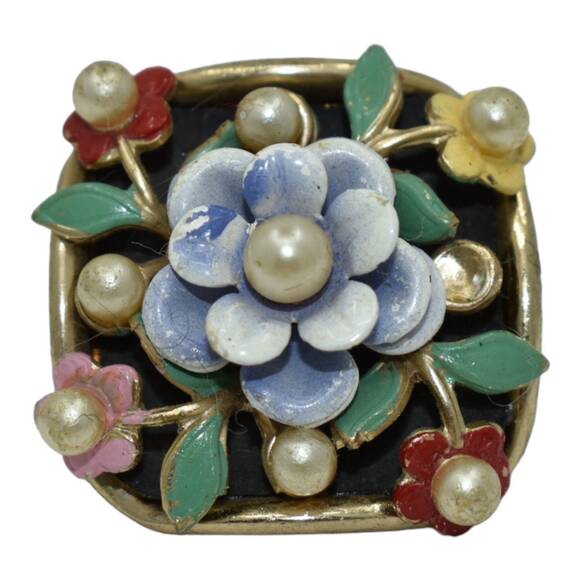 Vintage Bracelet Earrings Set Enamel Flowers Faux Pearls by Alice Jewelry Co - Picture 9 of 10